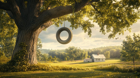 A large oak tree with a tire swing hanging from one of its branches, with a farmhouse in the distance.の素材