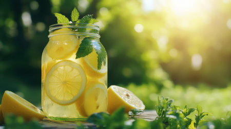A jar of refreshing lemonade with lemon slices and mint leaves, placed on a picnic table outdoors.の素材
