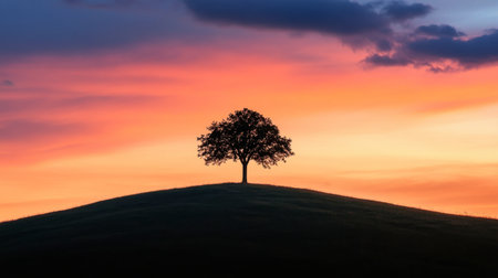A lone tree on top of a hill, silhouetted against a dramatic sunset sky.の素材