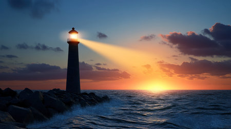 A lighthouse beaming its powerful light across the sea at dusk.の素材