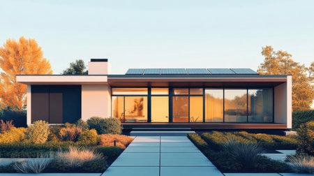 A modern house with a flat roof, solar panels, and a minimalist garden in the front yard.の素材