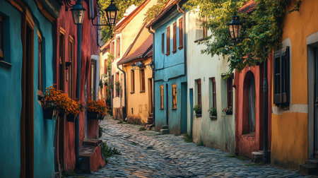 A row of colorful houses along a narrow street in a European village, with cobblestones and hanging lanterns.の素材