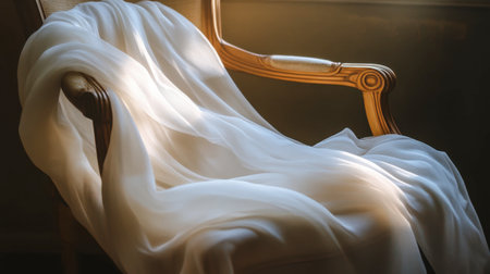 A piece of delicate chiffon cloth draped over a chair, softly lit to emphasize its light and airy quality.の素材