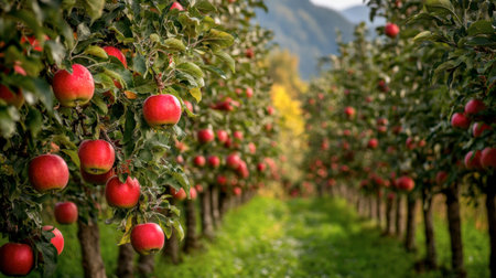 A row of apple trees in an orchard, with ripe red apples hanging from the branches.の素材