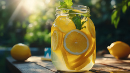 A jar of refreshing lemonade with lemon slices and mint leaves, placed on a picnic table outdoors.の素材