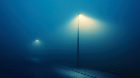 A lamp post casting light on a foggy street, with the light beams visible in the mist.の素材