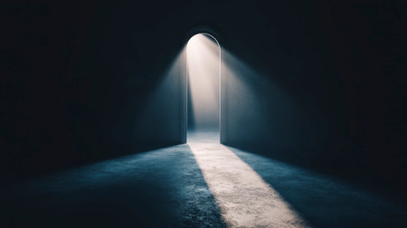 A light shining through a keyhole, casting a small beam onto the floor of a dark room.の素材