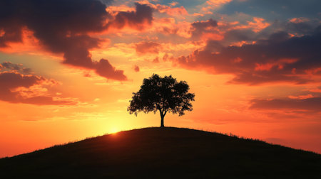 A lone tree on top of a hill, silhouetted against a dramatic sunset sky.の素材