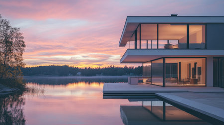 A modern, minimalist house with large glass windows overlooking a serene lake at sunset.の素材