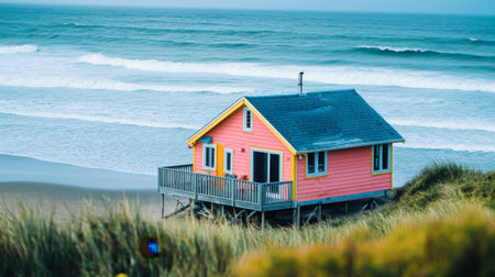 A small, brightly colored beach house with a deck overlooking the ocean waves.の素材
