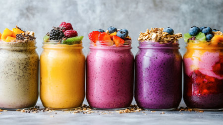 A row of mason jars filled with vibrant smoothie bowls, topped with fresh fruit, granola, and seeds.の素材