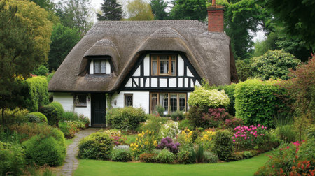 A traditional English cottage with a steep thatched roof, surrounded by lush green gardens.の素材