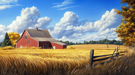 A rustic farmhouse with a red barn, surrounded by fields of golden wheat under a blue sky.の素材