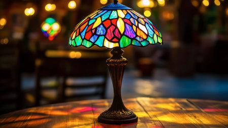 A stained glass lamp casting colorful light patterns onto a wooden table.の素材