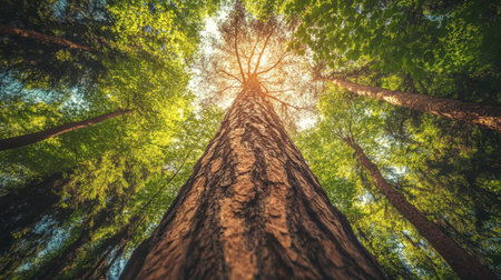 A tall pine tree in a dense forest, with sunlight streaming through the canopy above.の素材