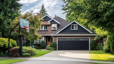 A suburban house with a garage, a basketball hoop above the driveway, and a treehouse in the backyard.の素材