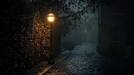 A single streetlamp casting light on a quiet cobblestone street at night.の素材