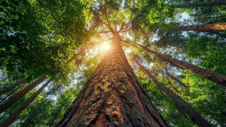 A tall pine tree in a dense forest, with sunlight streaming through the canopy above.の素材