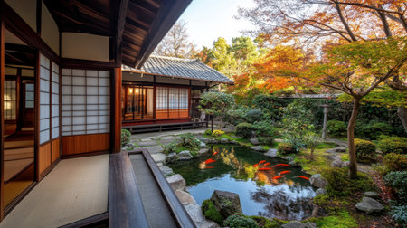 A traditional Japanese house with sliding doors, a small garden, and a koi pond.の素材