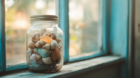 A vintage glass jar filled with seashells, sitting on a windowsill with sunlight streaming through.の素材