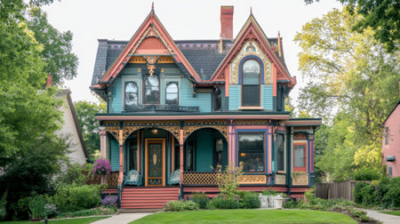 A Victorian-style house with intricate details, painted in vibrant colors, standing on a quiet street.の素材