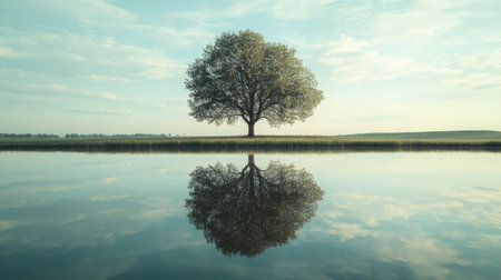 A tree reflected in a still lake, with the mirror image creating a perfect symmetry.の素材