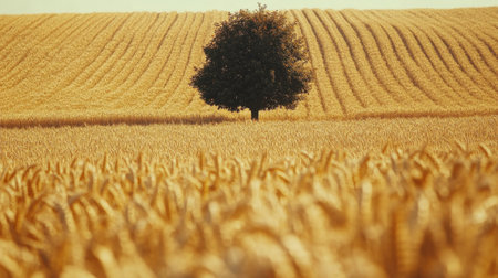 A tree in the middle of a wheat field, standing tall amidst the golden crops.の素材