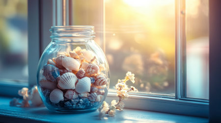 A vintage glass jar filled with seashells, sitting on a windowsill with sunlight streaming through.の素材