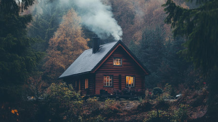 A wooden cabin-style house nestled in the woods, with smoke rising from the chimney.の素材