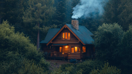 A wooden cabin-style house nestled in the woods, with smoke rising from the chimney.の素材
