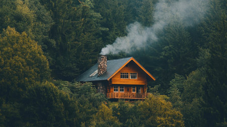 A wooden cabin-style house nestled in the woods, with smoke rising from the chimney.の素材