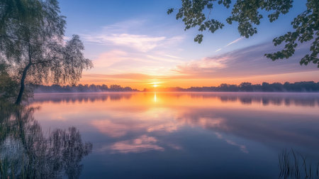A beautiful sunrise sky over a calm lake, with the first light of day reflecting on the water's surface.の素材