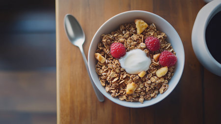 A beautifully arranged breakfast table with a spoon resting on the edge of a bowl of cereal.の素材