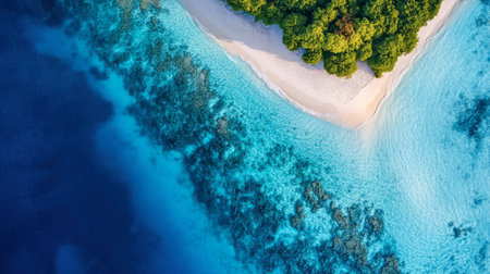 A bird's-eye view of a pristine blue lagoon, with sandbanks and coral reefs visible beneath the water.の素材