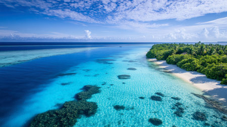 A bird's-eye view of a pristine blue lagoon, with sandbanks and coral reefs visible beneath the water.の素材