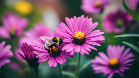 A bee collecting pollen from a vibrant purple flower in a natural garden setting.の素材