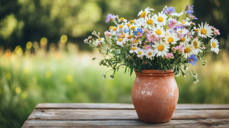A beautiful terracotta vase filled with freshly picked wildflowers, sitting on a rustic wooden table outdoors.の素材