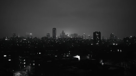 A black and white photograph of a city skyline at dusk, with lights beginning to twinkle.の素材