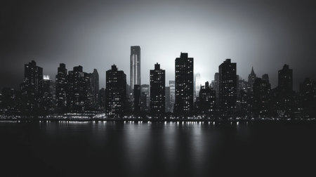 A black and white photograph of a city skyline at dusk, with lights beginning to twinkle.の素材