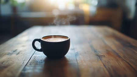 A black coffee cup filled with steaming hot coffee, placed on a wooden table.の素材