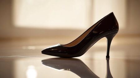 A black high-heeled shoe on a glossy surface, reflecting the soft light from above.の素材