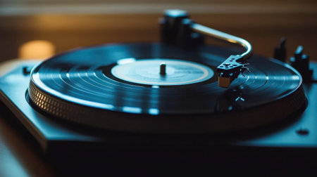 A black vinyl record spinning on a turntable, with soft light casting shadows around it.の素材