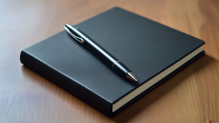 A black notebook with a pen placed diagonally across it, ready for jotting down ideas.の素材