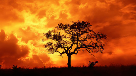 A black silhouette of a tree against a fiery orange sunset, creating a dramatic contrast.の素材