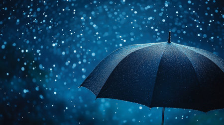 A black umbrella being held against a rainy night sky, with raindrops falling all around.の素材