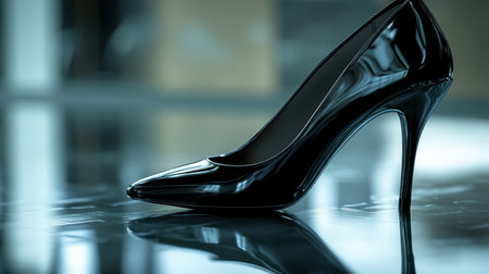 A black high-heeled shoe on a glossy surface, reflecting the soft light from above.の素材