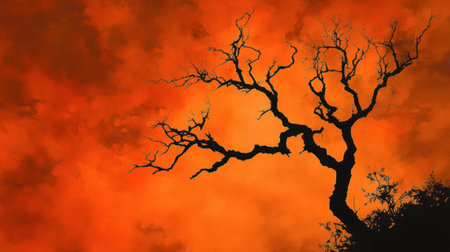 A black silhouette of a tree against a fiery orange sunset, creating a dramatic contrast.の素材