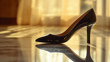 A black high-heeled shoe on a glossy surface, reflecting the soft light from above.の素材