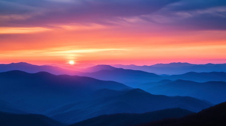 A breathtaking sky at dawn, with the first light of the sun peeking over the mountains, illuminating the horizon.の素材