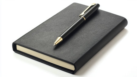 A black notebook with a pen placed diagonally across it, ready for jotting down ideas.の素材